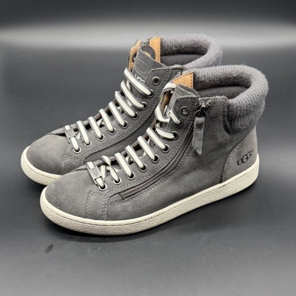UGG Women Gray Suede Knit Collar High Top Fashion Sneakers Zip Side Size 7.5